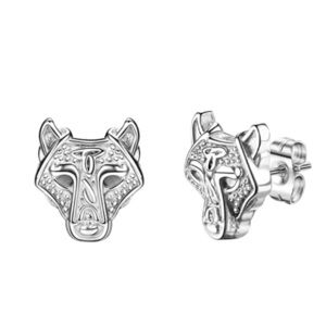 18K White Gold Fenrir Viking Celtic Runes Wolf Head Unisex Stud Earrings No Fade